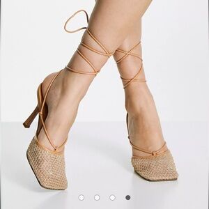 ASOS DESIGN Princella embellished square toe tie leg heeled shoes in beige
